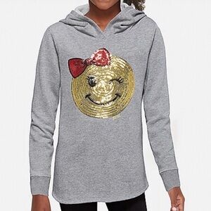 Justice Sequined Emoji Wink Face w Bow Long Sleeve Hooded Sweatshirt Rounded Hem